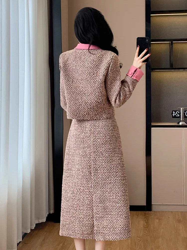 Set da 2 pezzi in tweed moda francese di alta qualità da donna coreano dolce giacca corta cappotto + gonna abiti da donna in due pezzi