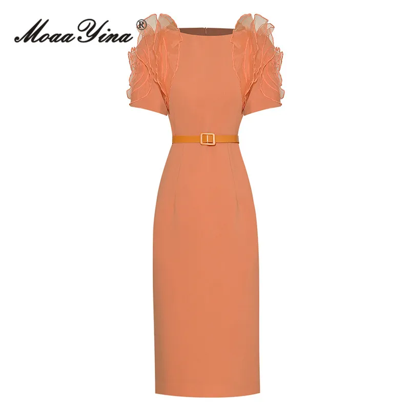 

MoaaYina Fashion Runway dress Summer Women's Dress Solid Color Flounces High Waist Belt Slim Buttock Covering Pencil Dress