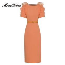 MoaaYina Fashion Runway dress Summer Women's Dress Solid Color Flounces High Waist Belt Slim Buttock Covering Pencil Dress