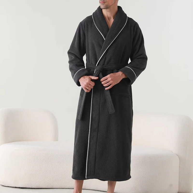 HEZIOWYUN Men's Plush Thicken Long Bathrobe Shawl Collar Soft Long Sleeve Lapel Spa Robe with Belt Winter Warm Robes Bath Shower