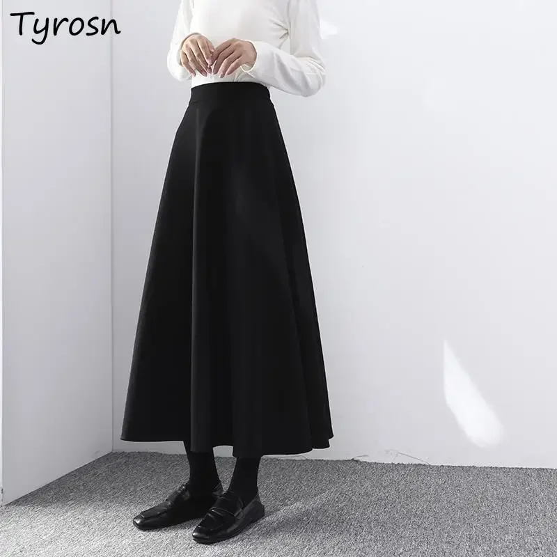 Black Skirts Women A-line High Waisted Temper Faldas Largas Korean Fashion Ladies Elegant Simply S-4XL Loose Vintage All-match