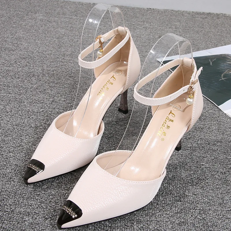 

Sexy pointed high-heeled shoes with a straight strap and thin heels, cat style shoes, iron toe anti kick metal sandals for women