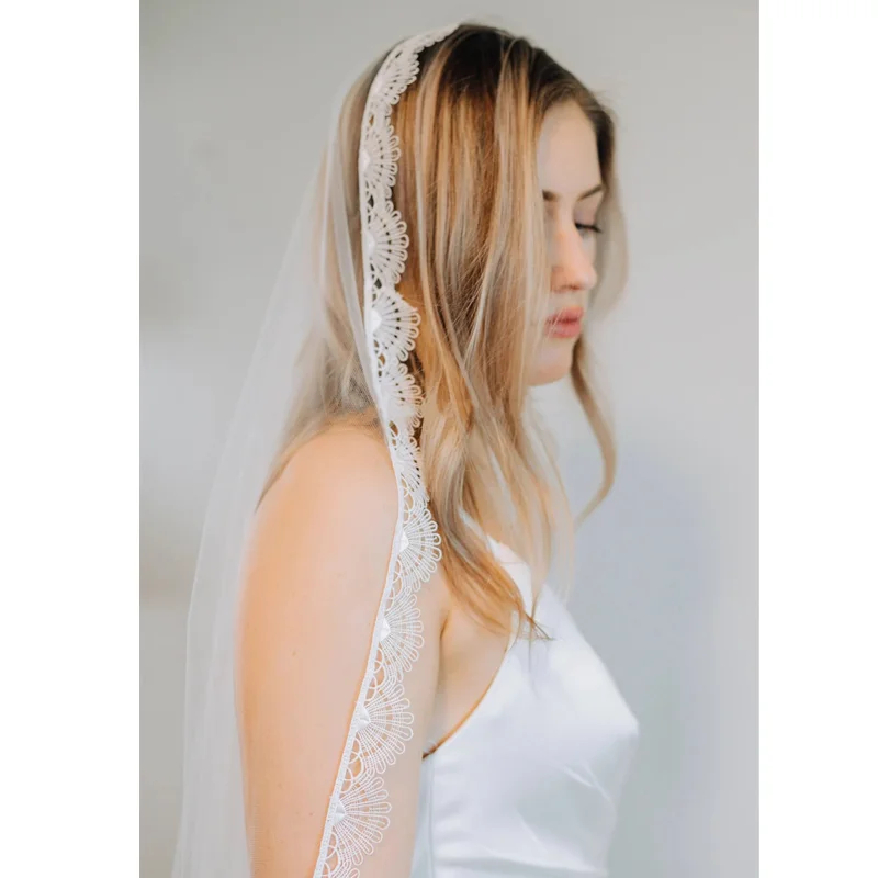 

Mantilla свадебная фата с кружевной отделкой, аксессуары для невест, католический тюль цвета слоновой кости, длинная короткая часовня, элегантная индивидуальная фата
