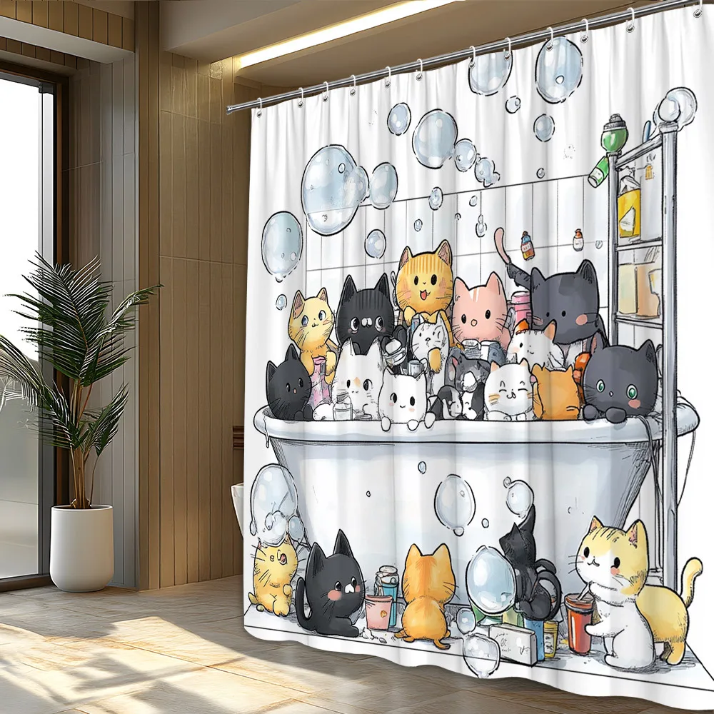 1pc Playful Cat Shower Curtain - Whimsical Polyester Bathroom Decor with Nine Adorable Cats in Bathtub Surrounded by Bubbles, Fu