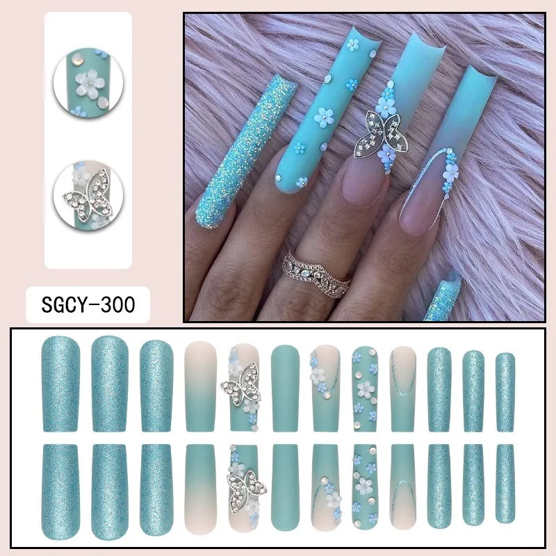 Faux-ongles 3D extra longs à pression, 24 pièces, design de fleurs papillon, nickel é, cercueil, N64.