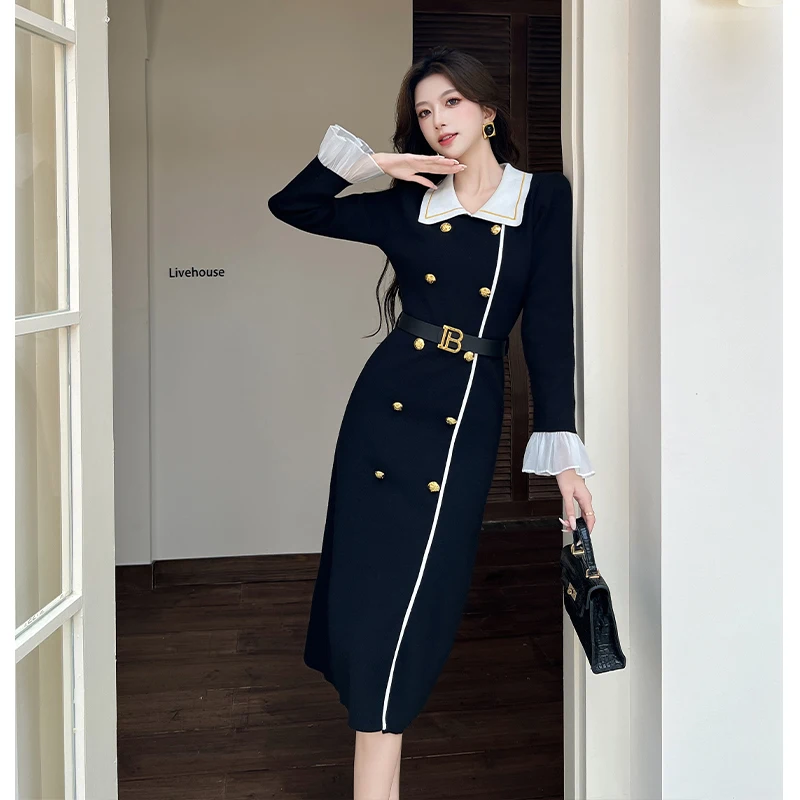 벨트가 달린 빈티지 니트 드레스 여성 더블 브레스트 긴 소매 드레스 스타일리시 우아한 시크 패션 여성 의류