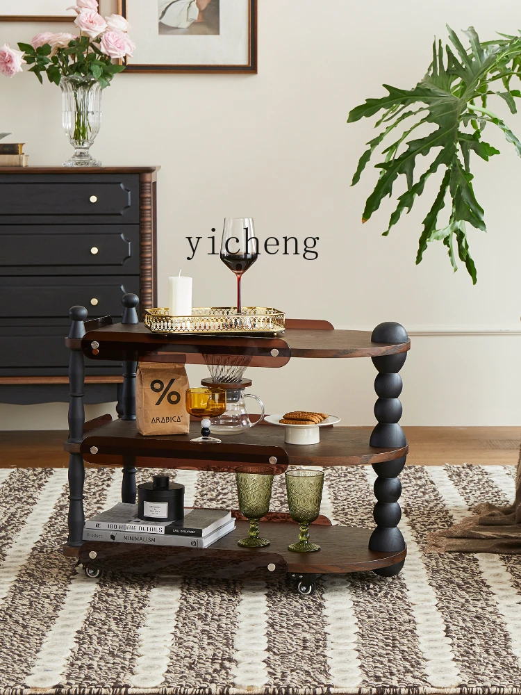 Zk Solid Wood Household Small Apartment Movable Trolley Living Room Sofa Side Table Storage Rack