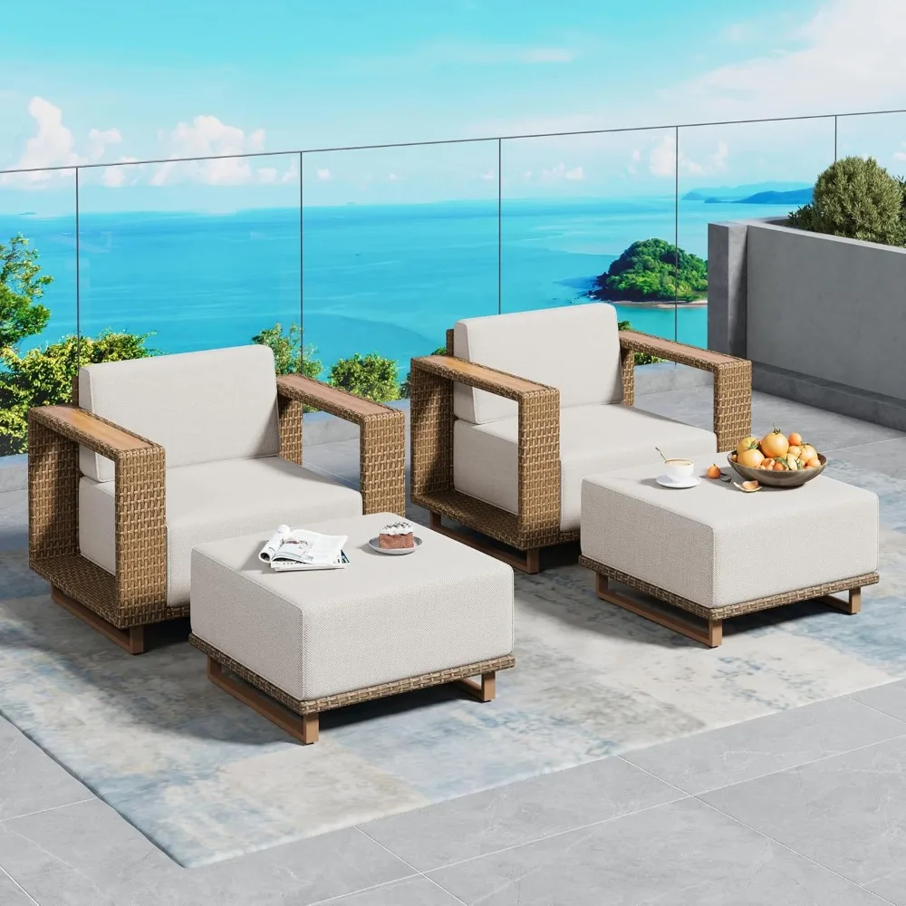 

2 Pieces Patio Furniture Set, Outdoor Rattan Wicker Armchirs and Ottomans with 10''Ultra-Thick Cushions, All Weather, Customized