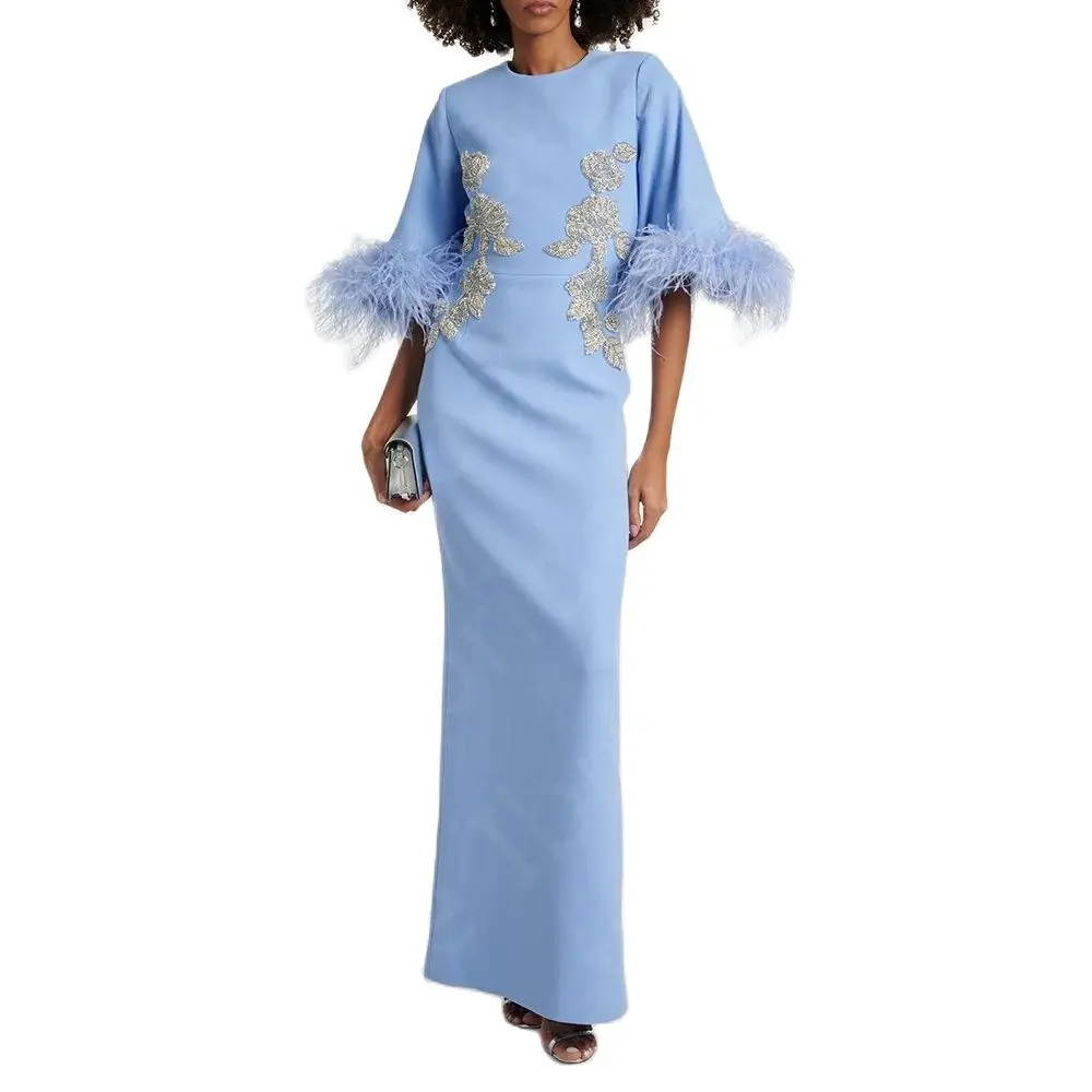 New Baby Blue Feather Dress 2024 Mother Gown for Women 3/4 Sleeve Mother of the Bride Dress Arabic Wedding Guest Gown Back Slit