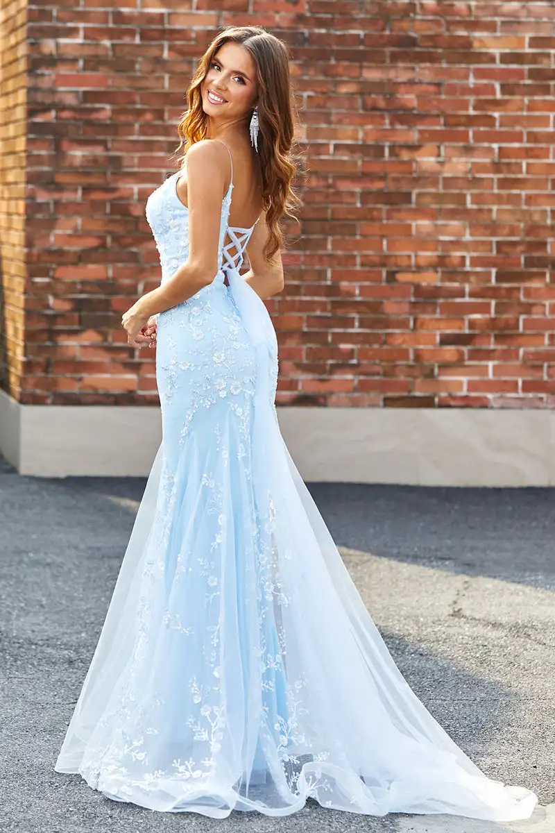 Sparkly Spaghetti Strap Appliques Lace Mermaid Long Prom Dresses with Beaded Long Wedding Dress Simple Backless robes de soirée