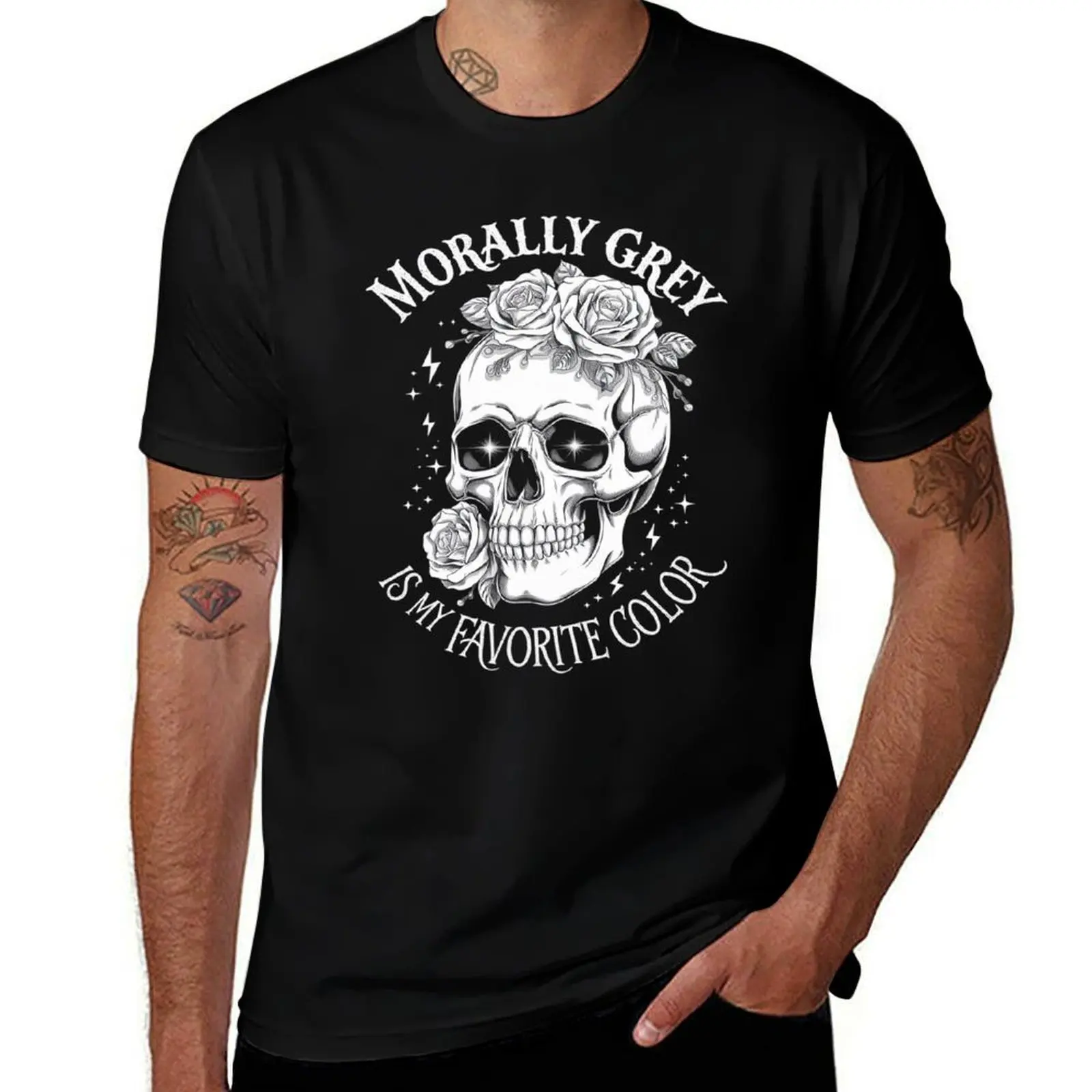 

Morally Grey Is My Favorite Color Skeleton Funny Books Lover T-Shirt korean fashion mens vintage t shirts
