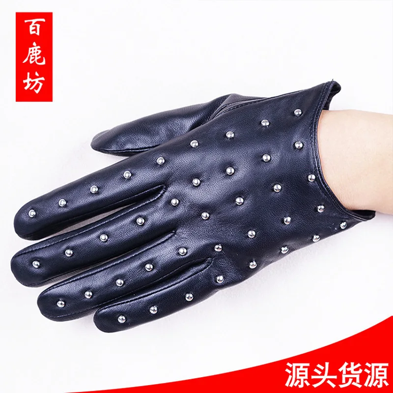 New winter men's leather gloves, women's studded top-grain sheepskin gloves, short genuine leather gloves.