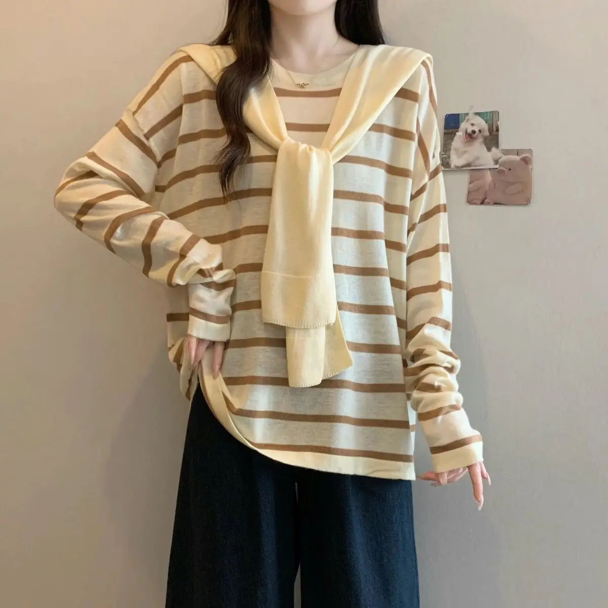 

Women's Two-Piece Set Polyester Fiber Regular Fit Crew Neck Sweater New Spring round Neck Long Sleeve Striped Base Shirt