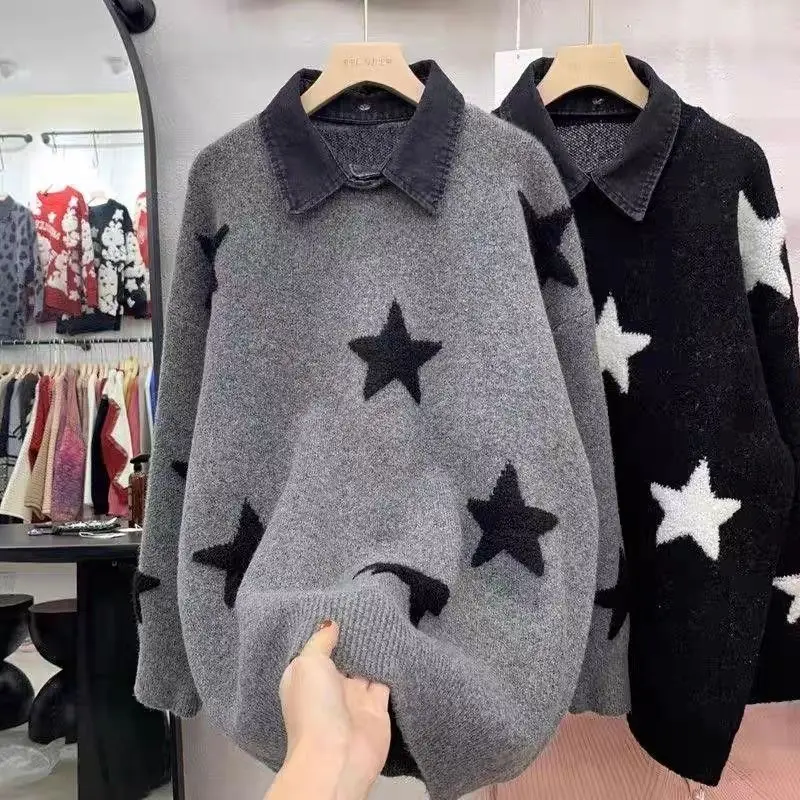 Polo Collar Denim Sweaters Women\'s Autumn Winter Fashion Casual Color Blocked Printed Pentagram Long Sleeve Loose Knitted Tops