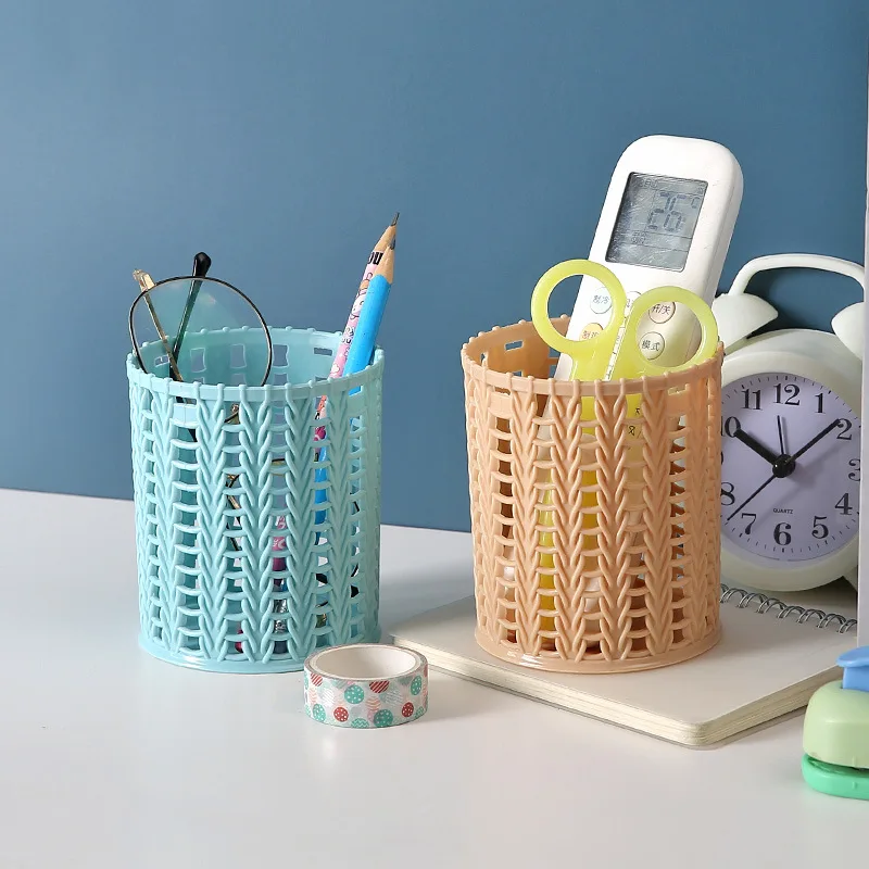 창의적인 등나무 플라스틱 펜꽂이, 다기능 할로우 박스, 데스크탑 사무실 문구 버킷, 연필 컨테이너 케이스