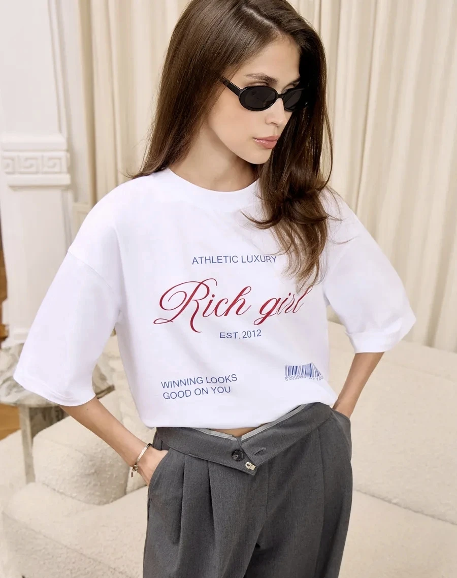 Loose Casual Printed Short Sleeve T-shirt Women's Cotton round Neck Top Fashionable Commute Style Sweat Absorbent Summer Wear