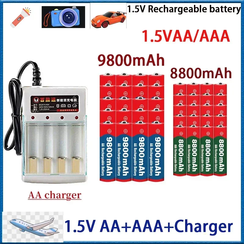 

New 1.5V Rechargeable Battery, AAA 8800Mah+AA 9800 Mah, Plus Charger Set Alkaline Technology, Suitable for Remote Control,shaver