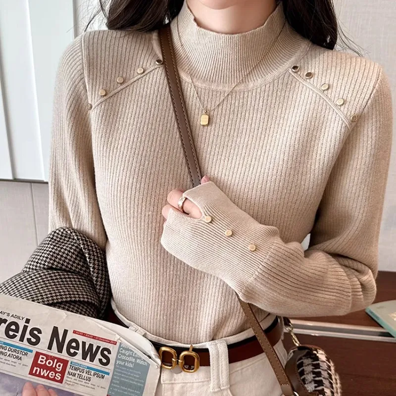 Women's Autumn Winter Pullover Turtleneck Solid Flocked Screw Thread Lantern Long Sleeve Sweaters Knitted Undershirt Casual Tops