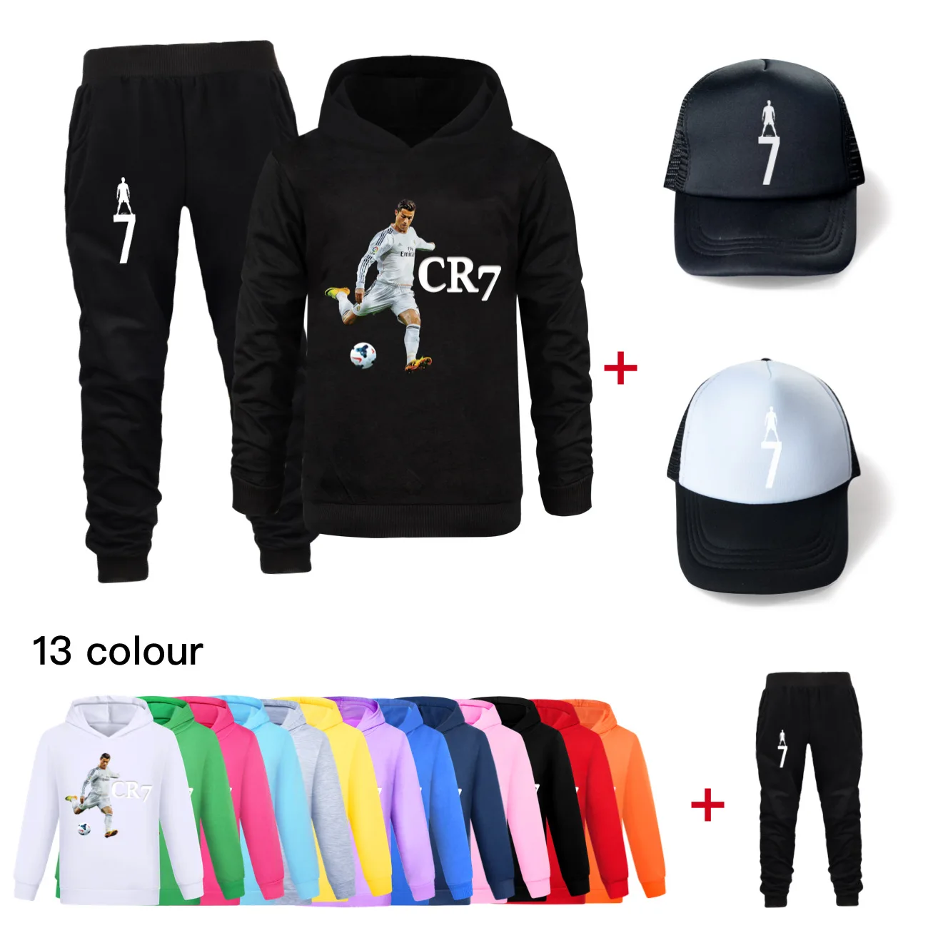 Cartoon Ronaldo CR7 Cosplay Costumes Kids Football Idol Hoodie Set Pants Boys Tops+pants+sunhat 3pcs sets Girls Sweatshirts