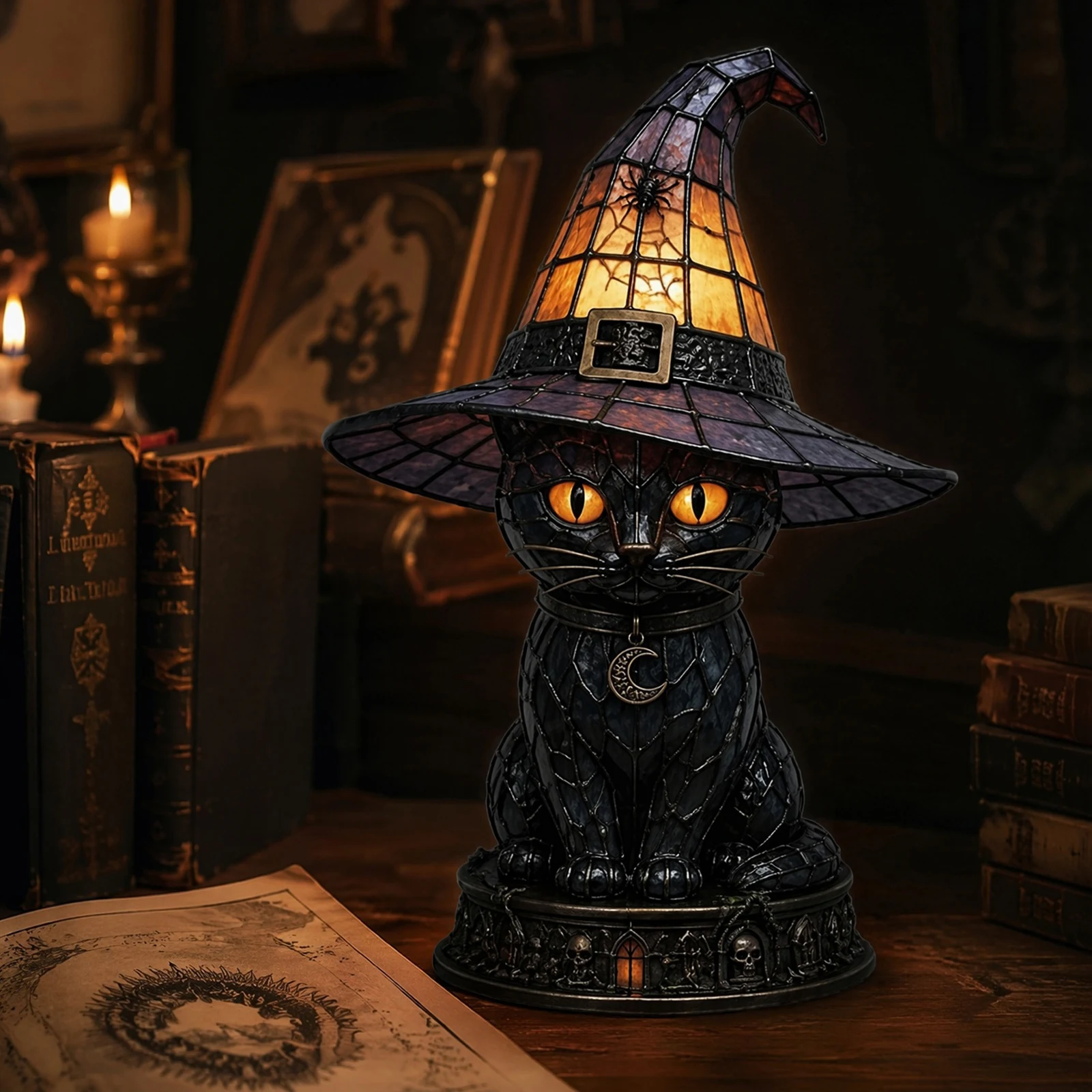 Stained Glass Black Cat Witch Hat Lamps with Moon Pendant Retro Resin Accent Lamp USB Powered Creative Reading Book Lamp