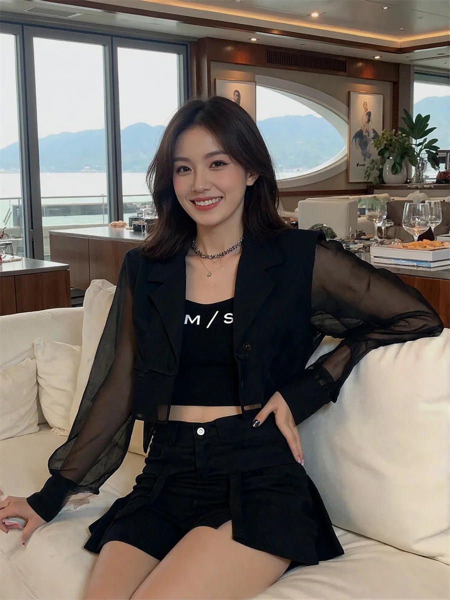 Blazer court transparent résistant au soleil avec fente au dos, vêtements élégants pour femmes, vêtements formels minimalistes, court enveloppant d'été, kaki