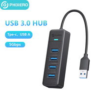 PHIXERO 4 Ports USB 3.0 HUB High Speed OTG Type C Splitter 5Gbps For PC Computer Accessories Multiport HUB 4 USB 3.0 2.0 Ports