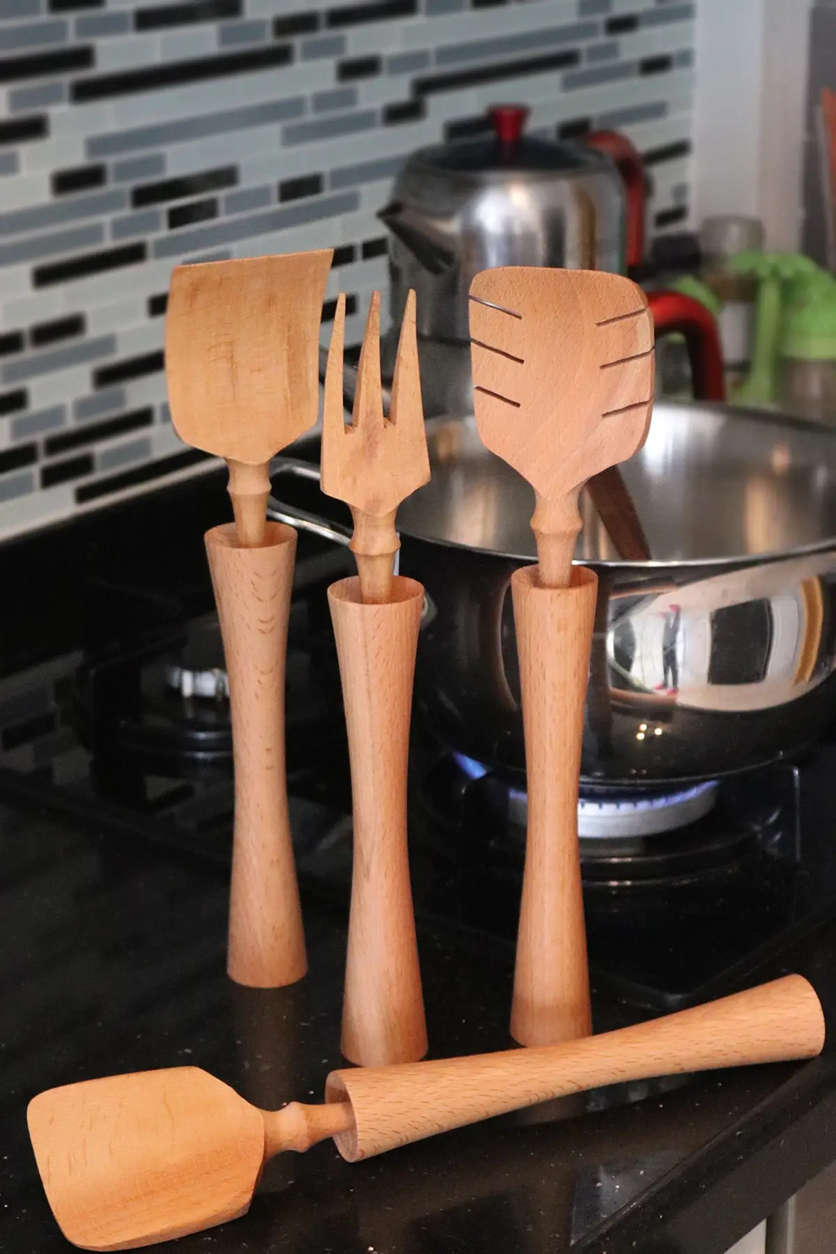 

Service Set 4 PCs Beech Tree Natural Healthy and Harmless Wood Kitchen Supplies Spatula Spaghetti and Dinner Spoon Fork