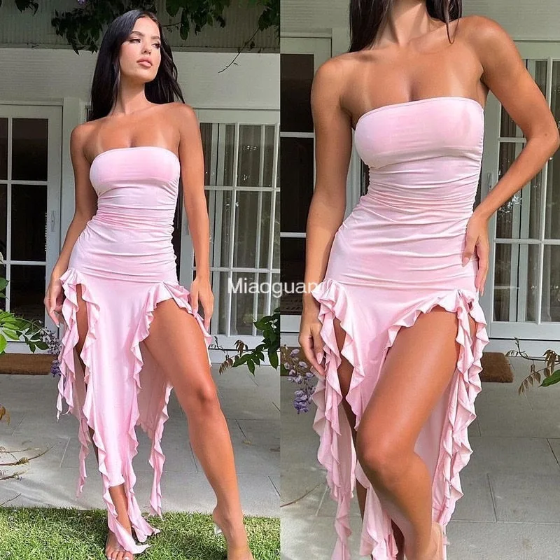 Elegant Strapless Dress Women Irregular Tassel 2024 Summer New Skinny Split Party Sexy Fashion Female Beach Outdoor Comfortable