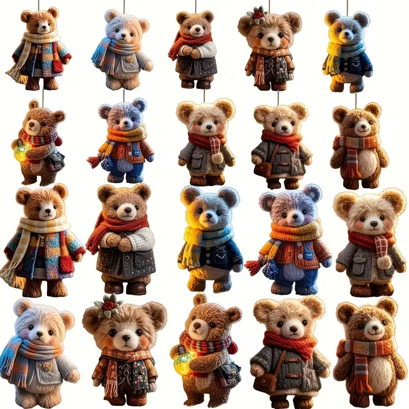 10 زخارف على شكل دب خشبي مصنوعة يدويًا - معلقات جو عيد الميلاد بأنماط قديمة وحديثة، تتميز بالأوشحة والمعاطف