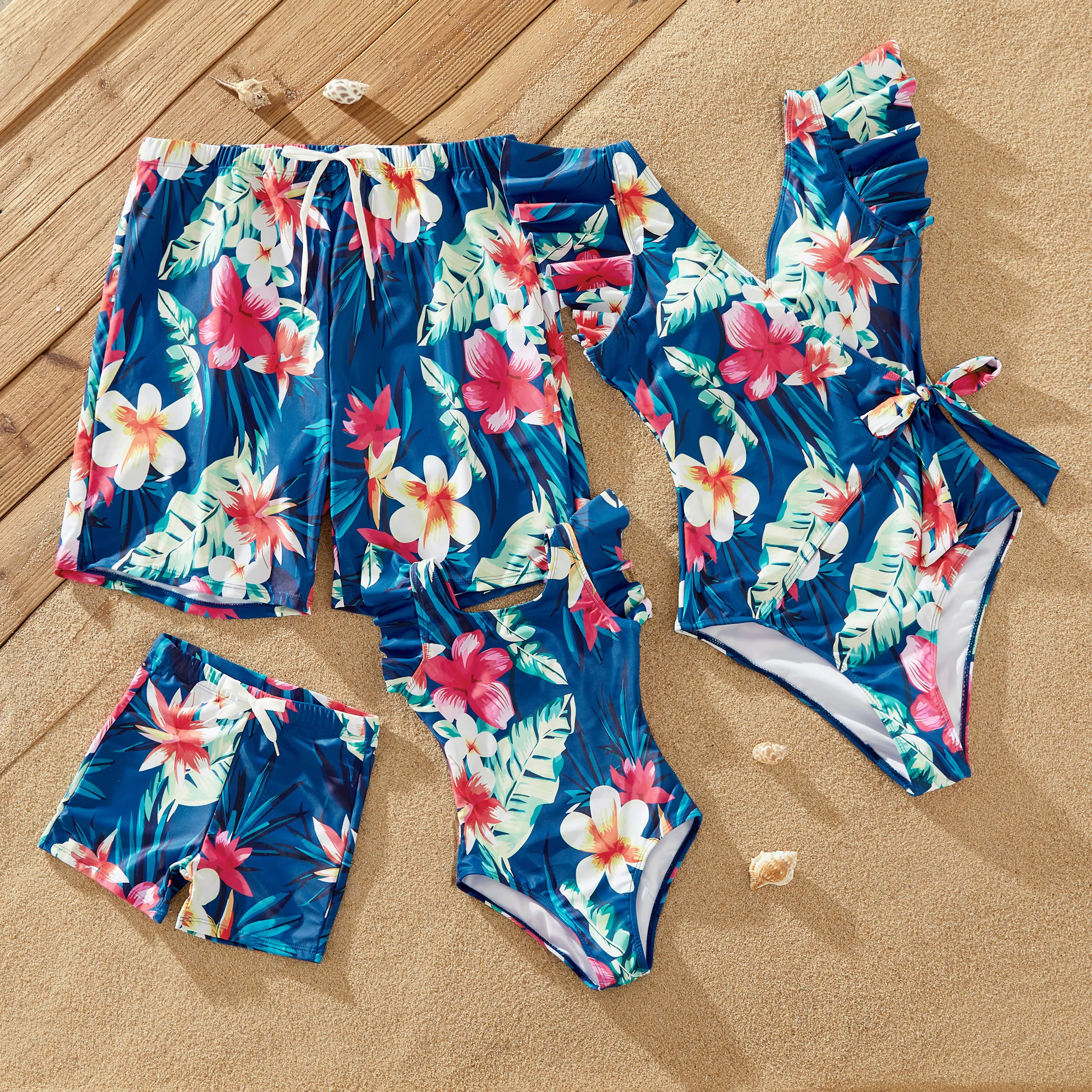 PatPat Family Matching Floral Drawstring Swim Trunks or Flutter Sleeves Knot Side One-piece Swimsuit