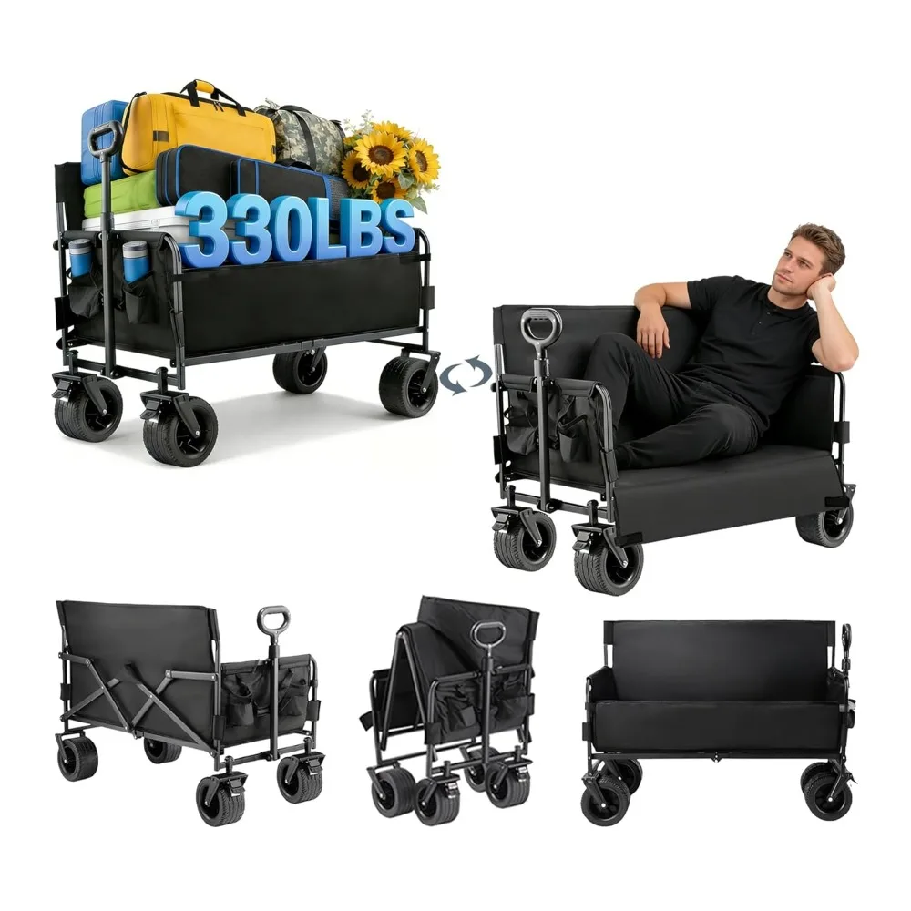 Wagon Foldable Cart Convert to Bench, Collapsible Heavy Duty Cart with Wheels, All Terrain Camping, Utility Grocery, Customized