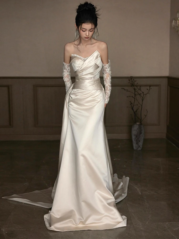 

Ele Satin Fi Tail Wedding Dr Long Sve Bridal Gown with Train for plus Size Women Hotel Indoor Wedding Dr