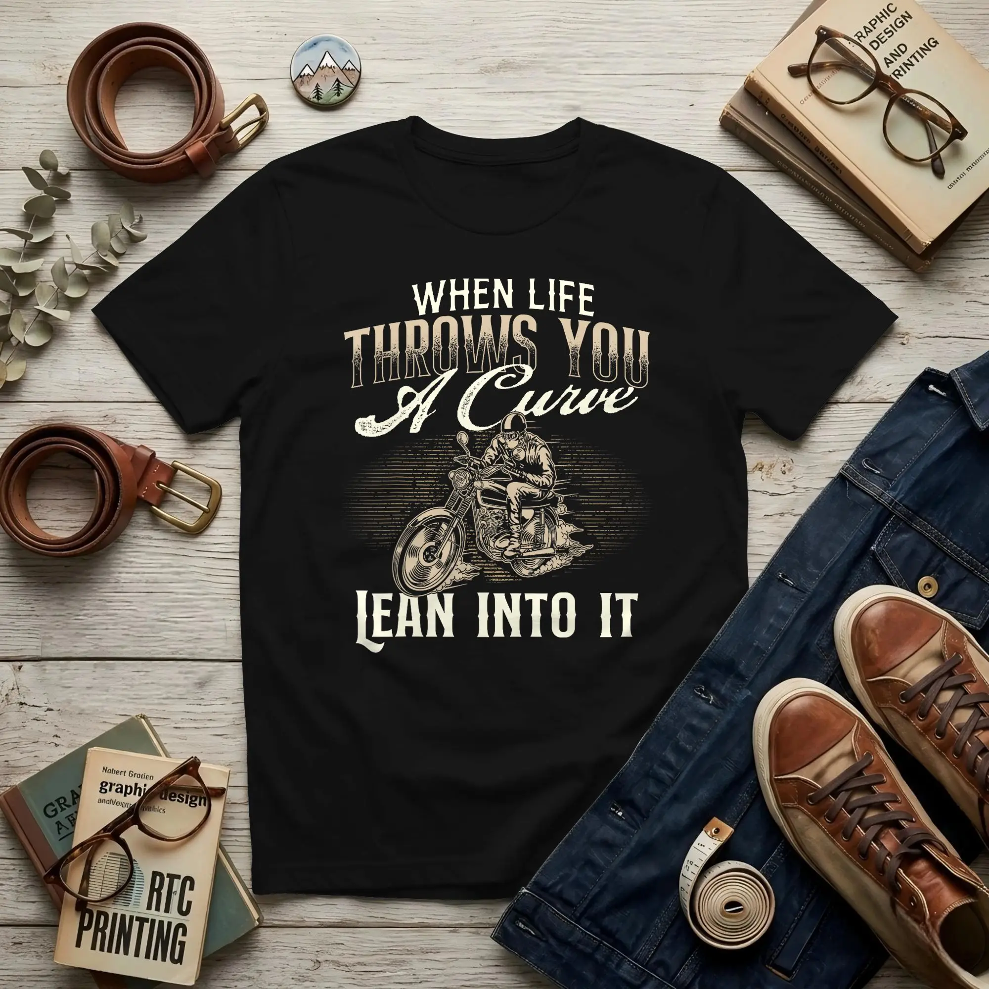 When Life Throws You A Curve Lean Into It Men's T Shirt Motorcycle Cool Tees Short Sleeve Crew Neck Pure Cotton Graphic Tops