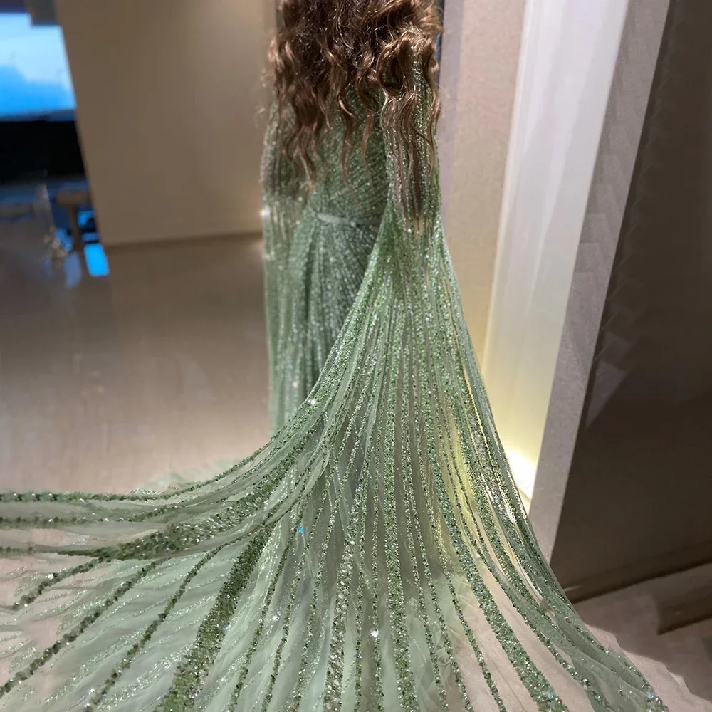 Vendita calda Mint Cape Sleeves A Line Beaded Luxury Dubai abiti da sera Long 2023 Celebrity Gowns For Woman Party LA71865