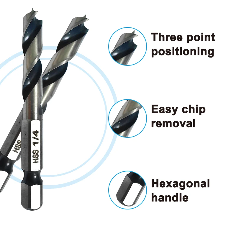 6Pcs Drill Bit Set HSS Stubby Drill Bits For Wood With 1/4-Inch Quick Change Hex Shank 3/32 1/8 3/16 1/4 5/16 3/8