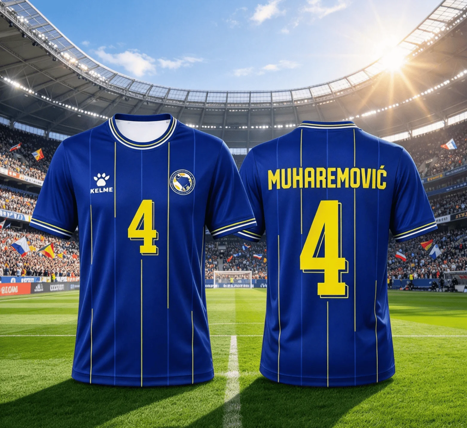 Bosnia and Herzegovina Blue Yellow Striped Football Shirt, No.4 Muharemović Jersey, Breathable Quick Dry Fan Cheer Tee