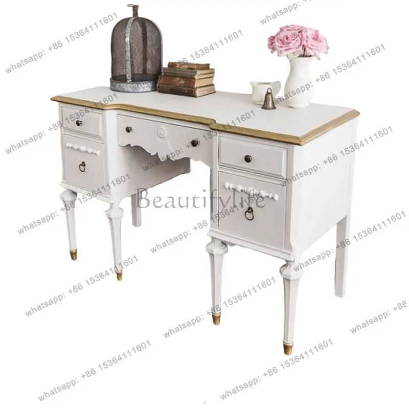 

French vintage solid wood desk, American living room, entryway, cabinet, bedroom dresser, dressing table