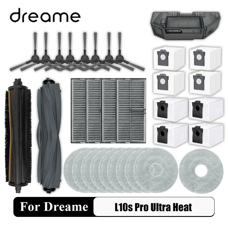 Pièces détachées pour aspirateur robot Dreame L10s Pro Ultra Heat / X30 Ultra : brosse principale, brosse latérale, chiffon de nettoyage, filtre HEPA, sac à poussière, accessoires