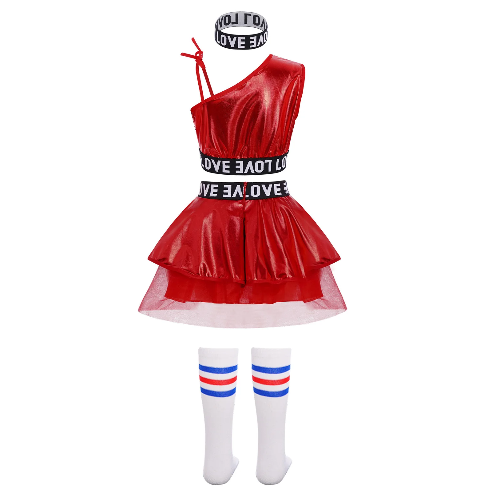 Girls Hip-Hop Jazz Dance Outfits Sleeveless Sequins Vest with Metallic Tutu Skirt Hairband Socks Cheerleading Street Dancewear