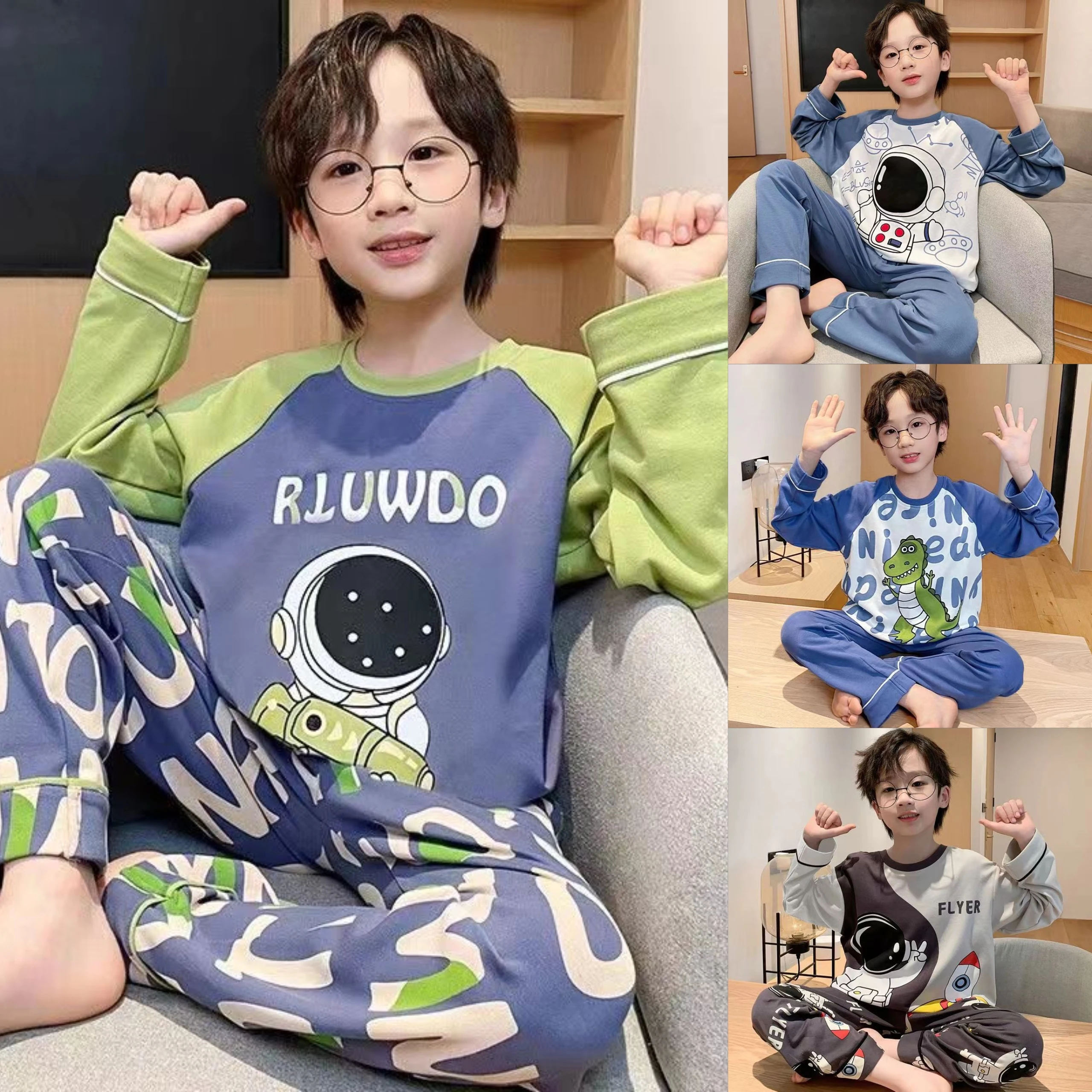 Children's New Pyjamas Autumn and Winter Long-Sleeved Children's Boys in the Big Boys Cartoon Home Wear Suit Wholesale Outwear