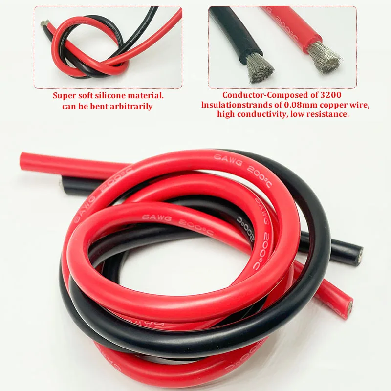 6 Gauge Soft Silicone Wire  High-Temperature Resistant 6 AWG-16mm² Battery Cable 200°C 600V-Suitable for inverters,cars and