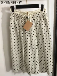 Spenneooy Fashion Runway Summer Party Casual Polka Dot Print Knee-Length Skirt Women's Drawstring Waist Slim A-Line Long Skirt