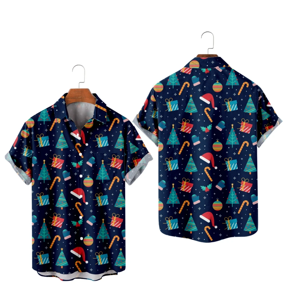 Hawaiian Shirts for Men Christmas Elements Print Short Sleeve Shirts Hawaii Summer Beach Vacation Tops Breathable