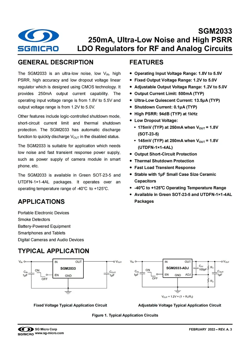 50Pcs/lot SGM2033-ADJXN5G/TR SOT-23-5,adjustable,250mA,Ultra-Low Noise and High PSRR LDO Regulators for RF and Analog Circuits