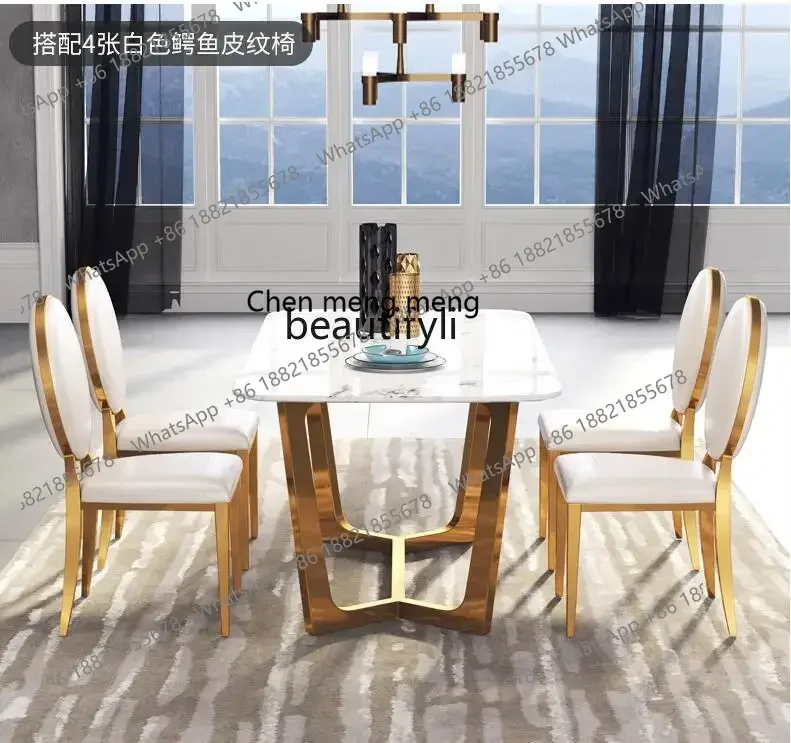 z183  Nordic marble dining table rectangular postmodern light luxury stainless steel gold-plated dining table and chairs combina