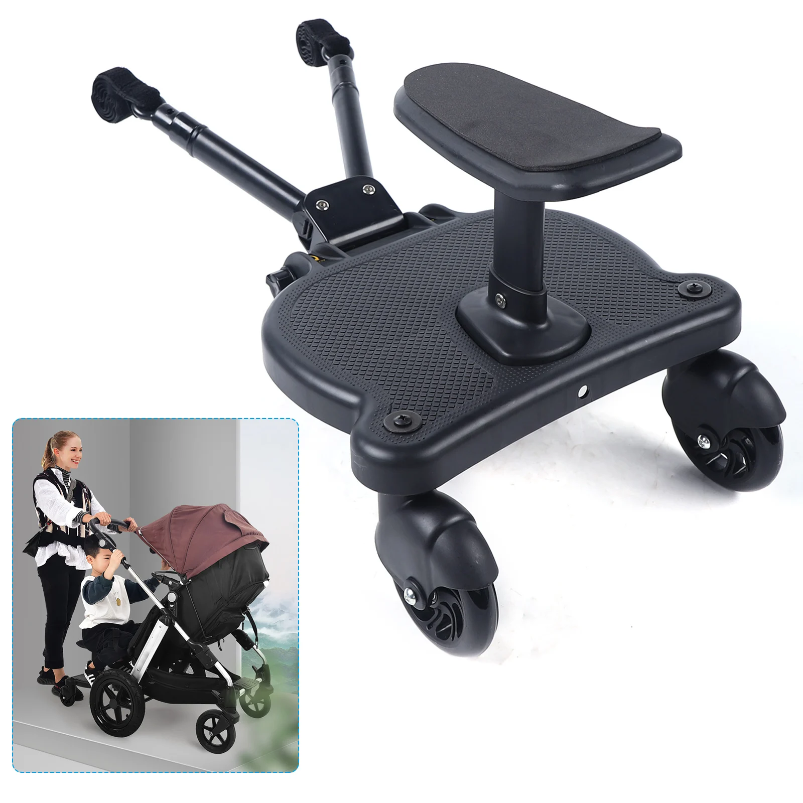 Universal Pram Pedal Adapter Stroller Board with Detachable Seat Comfort Wheeled Board Stroller Ride Board with Wheels Max 25kg