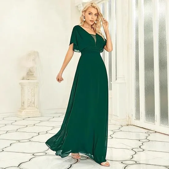 

Luxury Women Evening Dresses Long A Line V Neck Ruffles Chiffon Formal Cocktail Prom Graduatio Wedding Party Gown Robe De Soiree