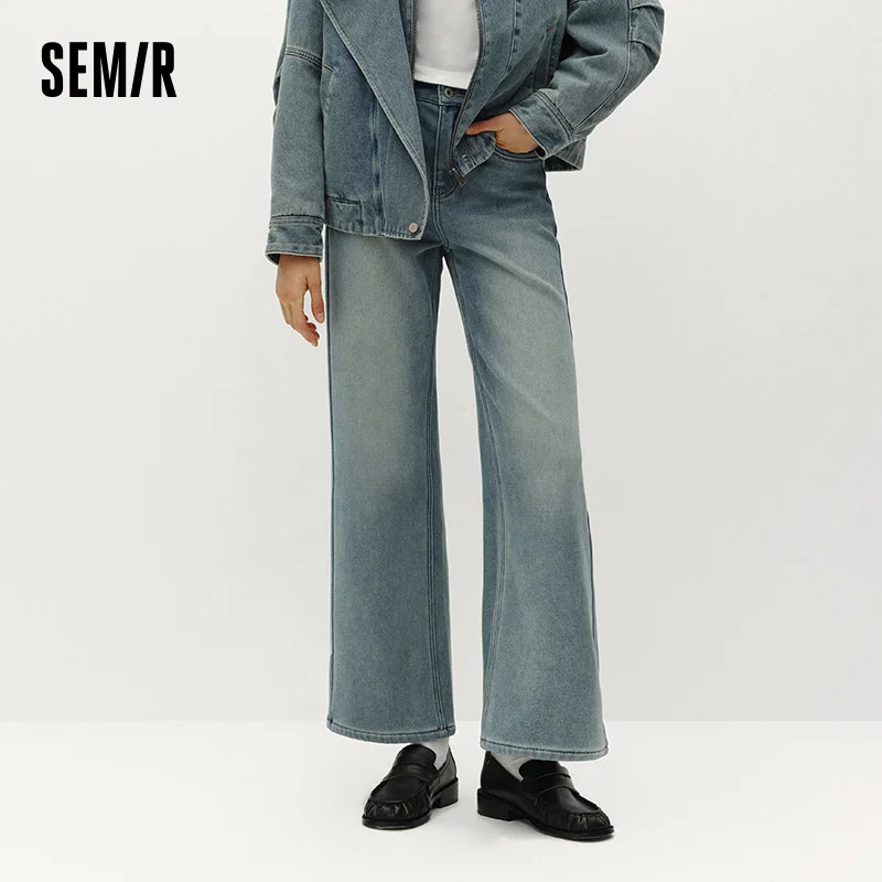 Semir Women Jeans Fleece Lined Wide Leg Washed Finish Warm Insulation Soft Touch 2026 Winter Everyday Style Full Length