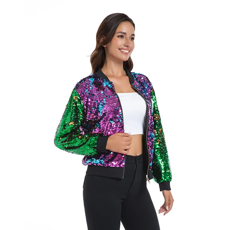 Frühling Herbst Neue Mode Glitter Frauen Baseball Jacke Einfache Rundhals Damen Langarm Mantel