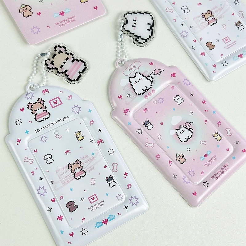 Kawaii Ins Cute Pixel Puppy Portafoto Kpop da 3 pollici Porta carte fotografiche Borsa con ciondolo Cancelleria scolastica